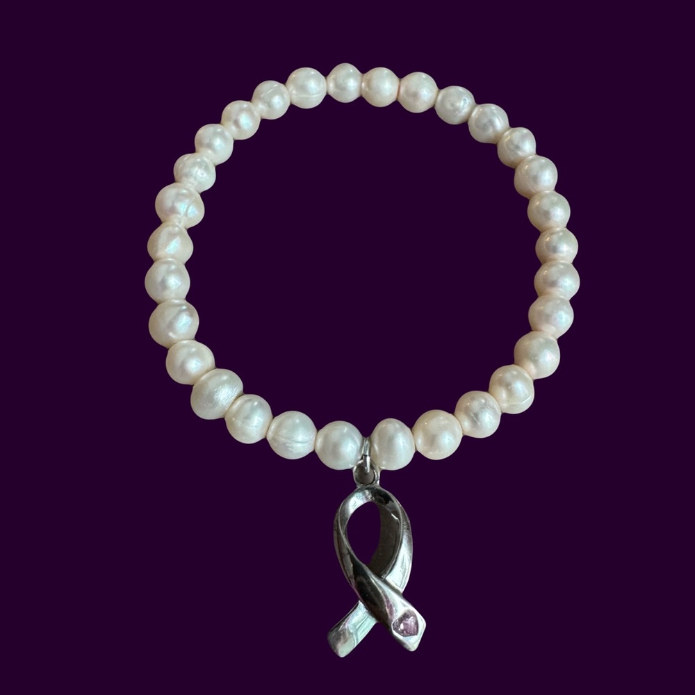 Freshwater Pearl Bracelet with 925 Silver Cancer Awareness Charm